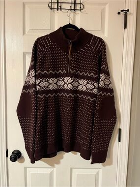LL Bean Signature Men's Quarter-Zip Fair Isle Sweater in Brown and White